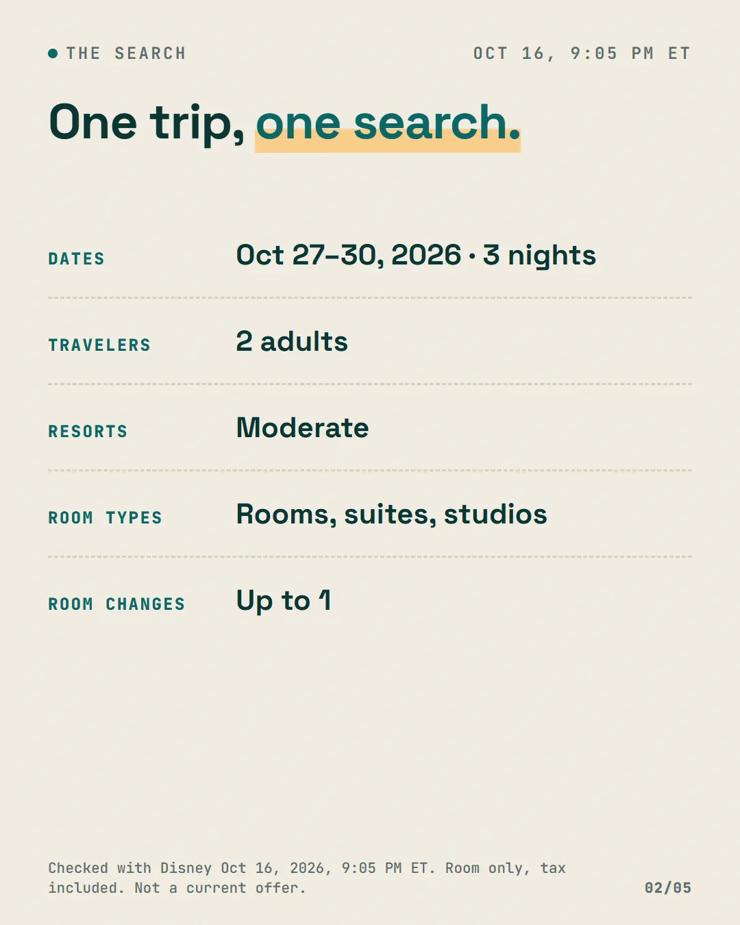 The search settings: October 27 to 30, 2026, 3 nights, 2 adults, Moderate resorts, rooms, suites and studios, up to 1 room change.