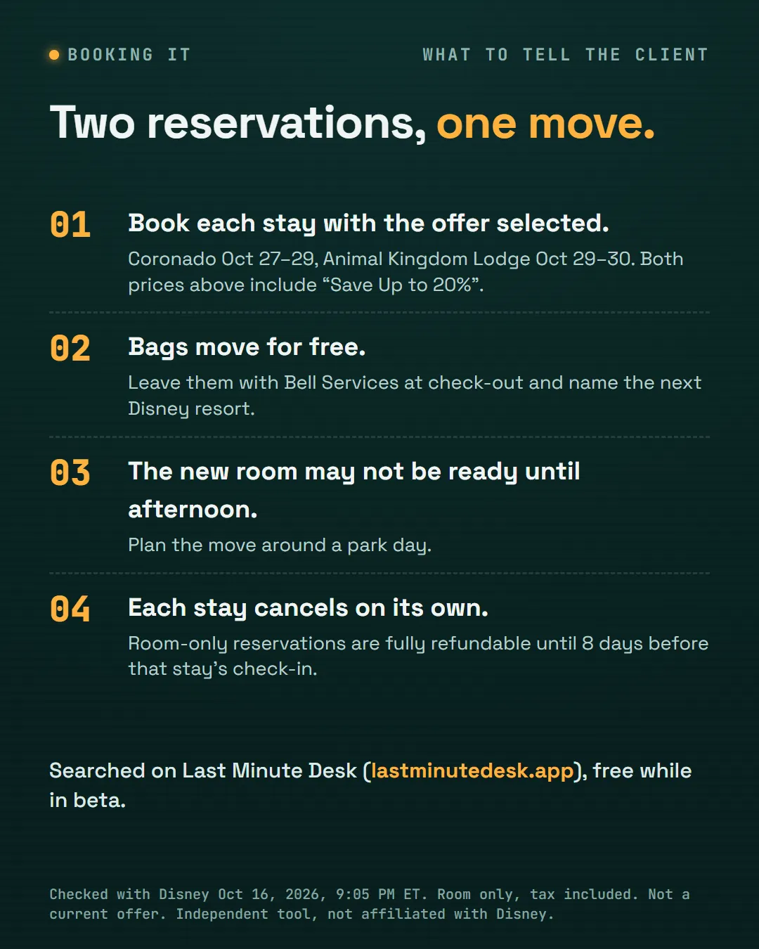 Four numbered booking rules: book each stay with the offer selected, bags move free through Bell Services, the new room may not be ready until afternoon, each stay cancels on its own.