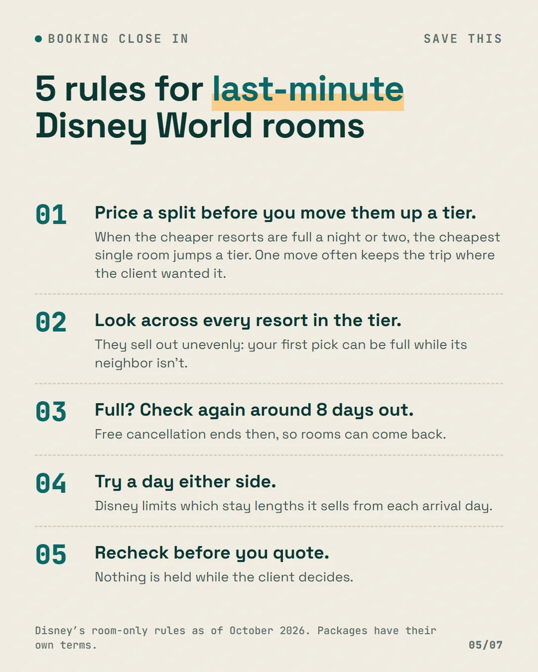 Five numbered rules for booking last-minute Disney World rooms.